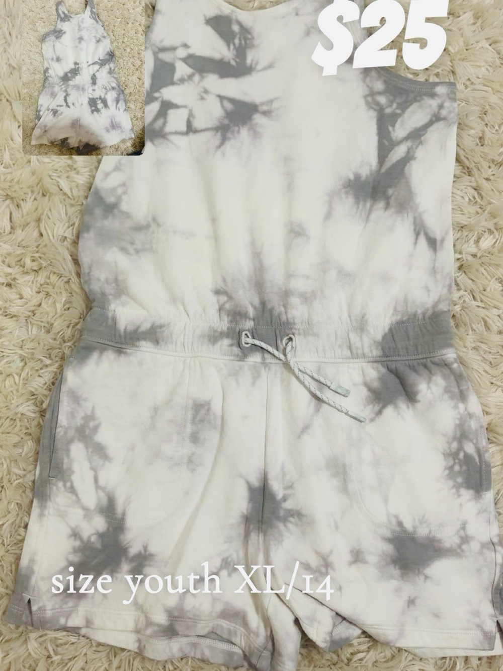 Athleta Youth Tie-Dye Drawstring Romper in Gray and White
